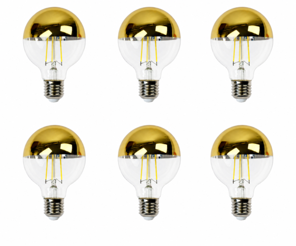 G80 Gold Mirror LED Filament Bulb 6PCS Group Display Off Six G80 Gold Mirror LED Filament Bulbs Group Display Off White Background