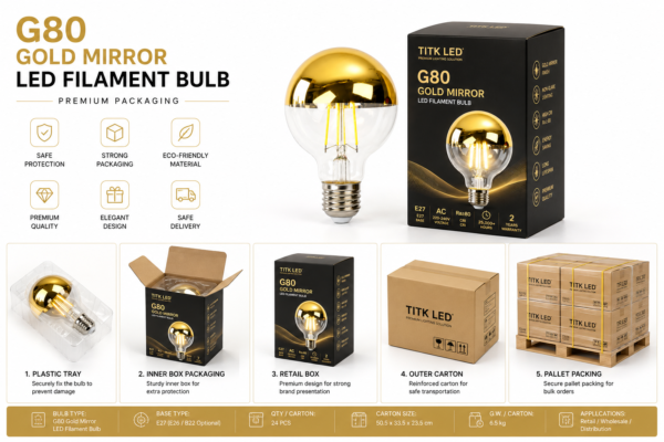 G80 Gold Mirror LED Filament Bulb Packaging G80 Gold Mirror LED Filament Bulb E27 Packaging and OEM Custom Box Display