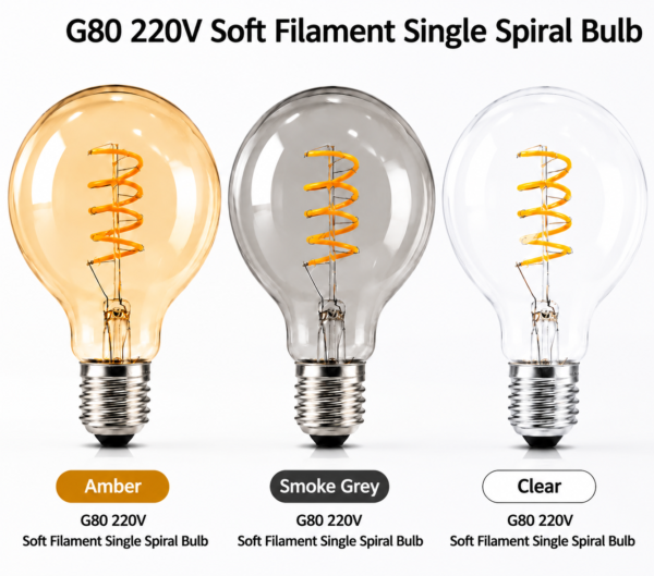 G80 LED filament bulb 220V soft spiral filament amber smoke grey clear glass decorative lighting product display