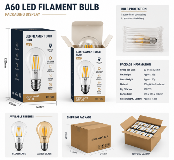 A60 LED filament bulb packaging box studio front view export carton wholesale lighting product package display