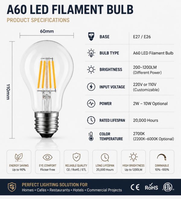 A60 LED filament bulb E27 2700K specification sheet studio front view decorative lighting technical data