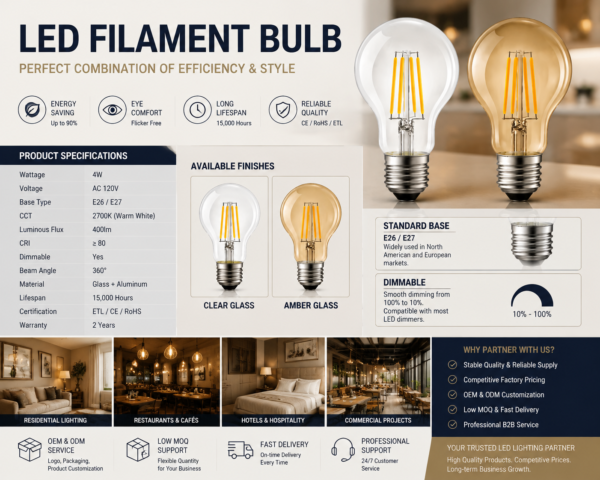 A60 LED filament bulb E27 2700K specifications hotel interior lighting application data sheet