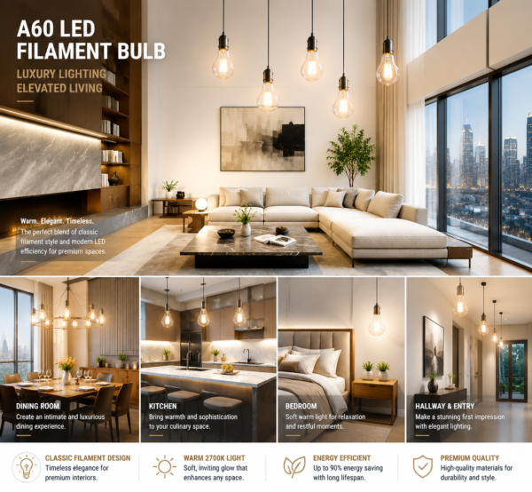 A60 LED filament bulb warm white 2700K living room interior lighting modern home lifestyle scene hotel style lighting