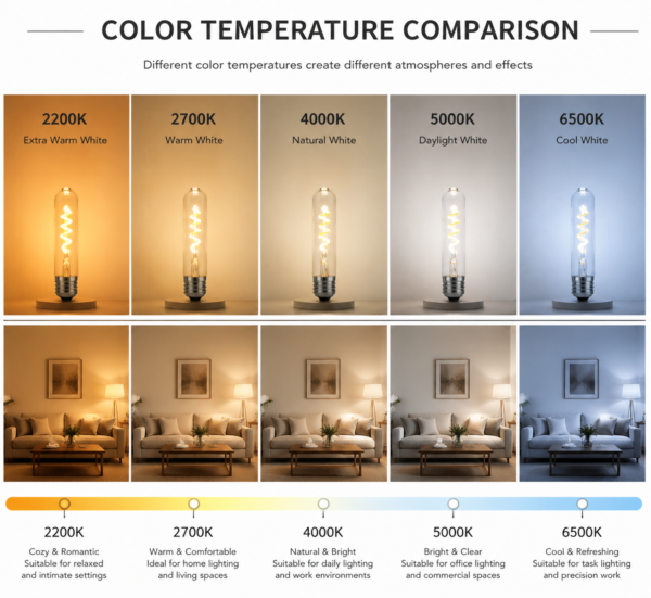 LED bulb color temperature comparison 1800K 2200K 2700K 4000K 5000K 6500K warm white to cool white lighting chart for decorative lighting