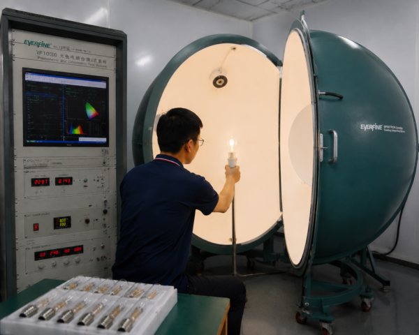 LED bulb integrating sphere test lumen output quality control laboratory measurement equipment factory photometric testing