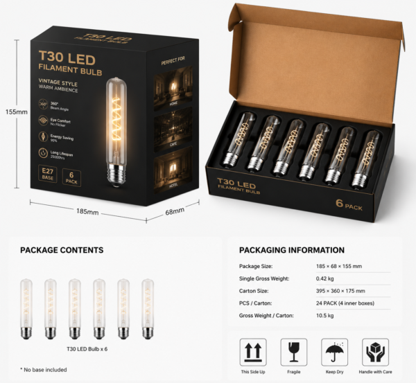 LED bulb packaging box OEM export carton 6 pack retail packaging design filament bulb box set wholesale LED lighting packaging