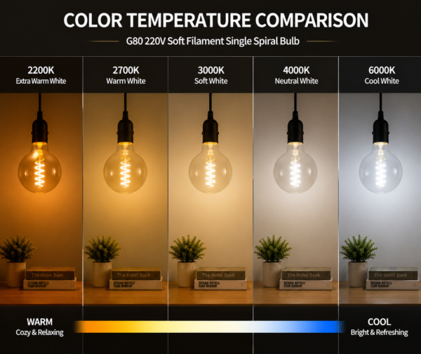 LED color temperature comparison chart showing 2200K to 6500K warm white neutral white cool white lighting for filament bulb applications