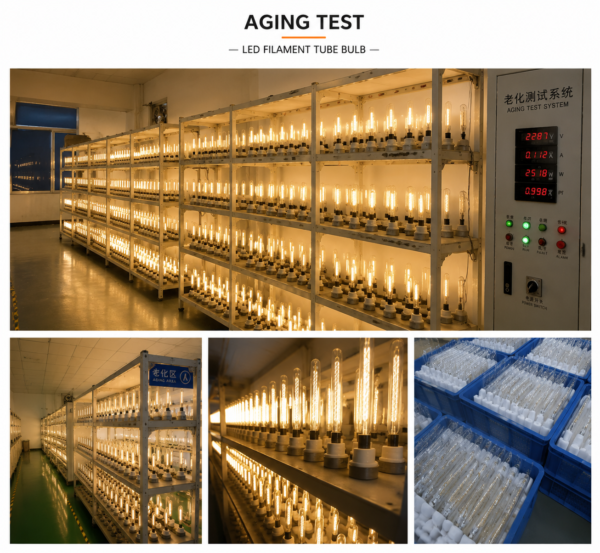 LED filament bulb aging test factory quality control testing process long hour lighting reliability inspection