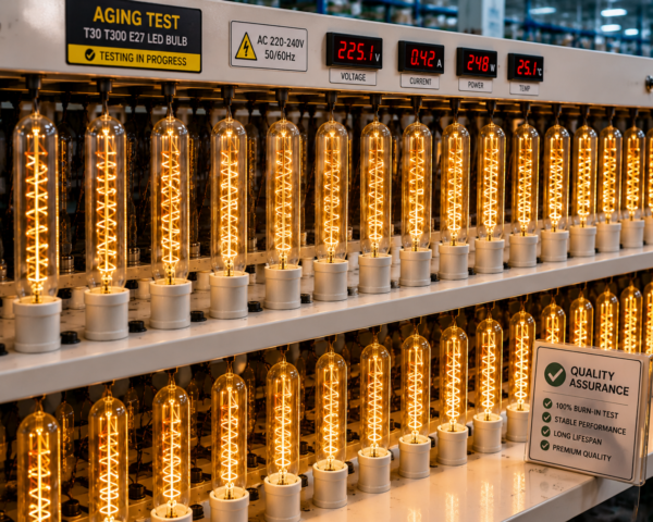 LED filament bulb E27 aging test factory quality control production line warm lighting inspection