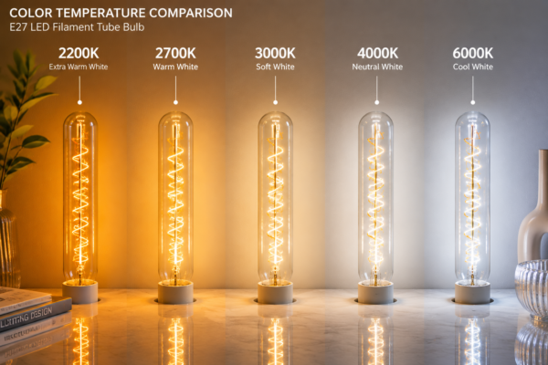LED filament bulb E27 color temperature comparison 2200K 2700K 4000K 6500K warm neutral cool white lighting