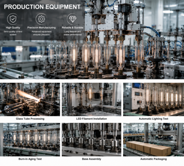 E27 LED filament bulb factory production line quality control inspection manufacturing process industrial lighting factory