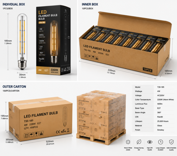 E27 LED filament bulb packaging box carton display retail box inner box outer carton shipping package OEM export packaging