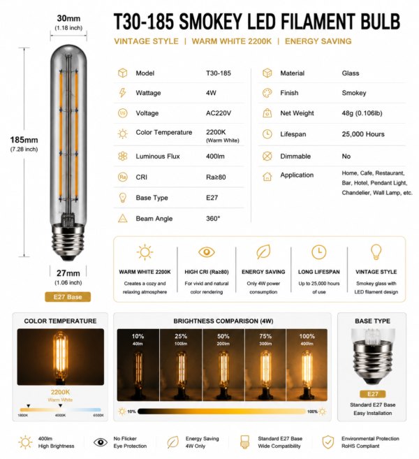 E27 LED filament bulb technical specification chart 4W 2200K 400lm E27 base 360 degree beam angle