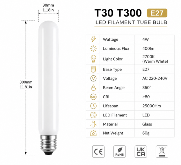 LED filament bulb E27 technical specification data sheet T30 T300 watt voltage size color temperature lumen