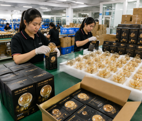 LED Filament Bulb Factory Packing – Assembly Line OEM Manufacturing Process LED filament bulb factory packing assembly line OEM manufacturing workers quality control packaging process