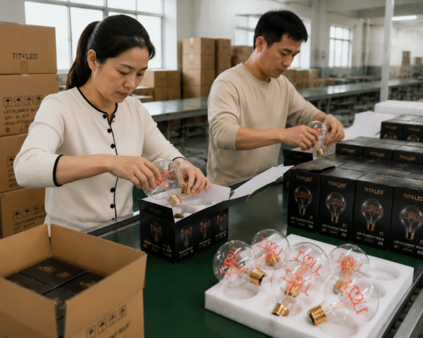 LED Filament Bulb Factory Packing – Assembly Line Workers OEM Production Process LED filament bulb factory packing assembly line workers OEM packaging quality control production process