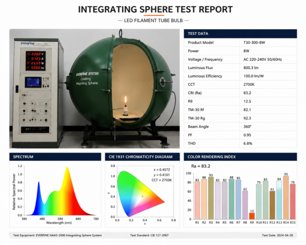 LED filament bulb integrating sphere test report lumen output color temperature quality control data measurement