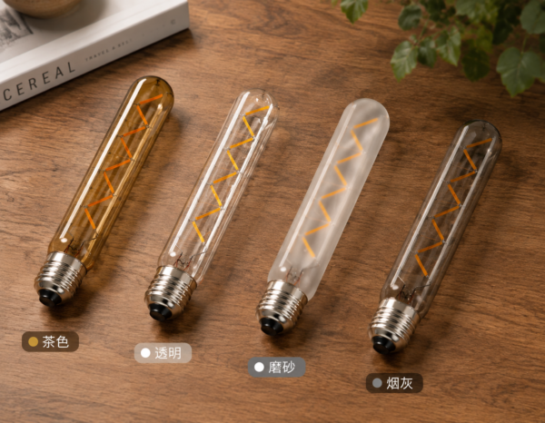 LED filament bulb lifestyle interior lighting display on wooden table warm ambient scene