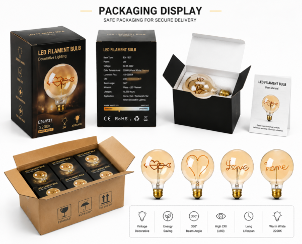 LED Filament Bulb Packaging Box – OEM Display & Shipping Carton Retail Packaging LED filament bulb packaging box OEM display shipping carton retail packaging set E26 E27 bulbs