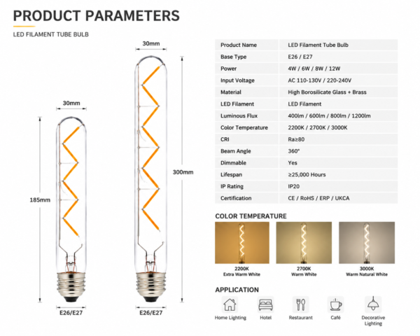 LED filament bulb technical specification data sheet E27 size power voltage lumen color temperature details