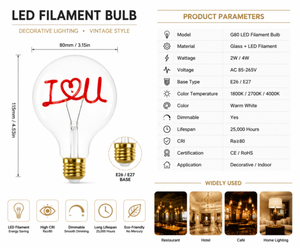 LED Filament Bulb Technical Specification – E26 E27 Wattage Voltage Dimmable Data Sheet LED filament bulb technical specification E26 E27 data sheet wattage voltage dimmable parameters decorative lighting OEM