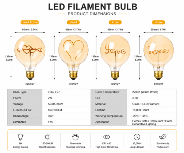LED Filament Bulb Technical Specification – E26/E27 Wattage Dimming Data Sheet LED filament bulb technical specification E26 E27 wattage dimming color temperature data sheet decorative lighting