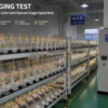 LED filament bulb aging test production line showing quality control and reliability testing in factory workshop for lifespan validation