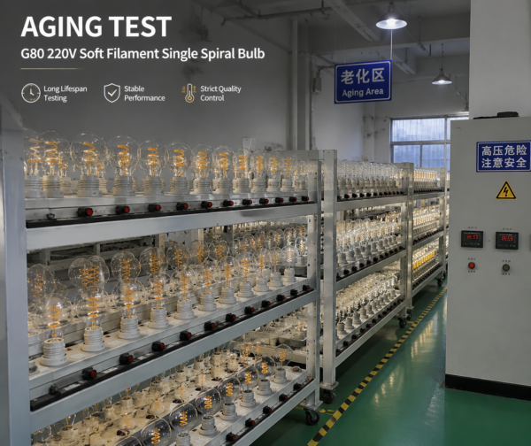 LED filament bulb aging test production line showing quality control and reliability testing in factory workshop for lifespan validation