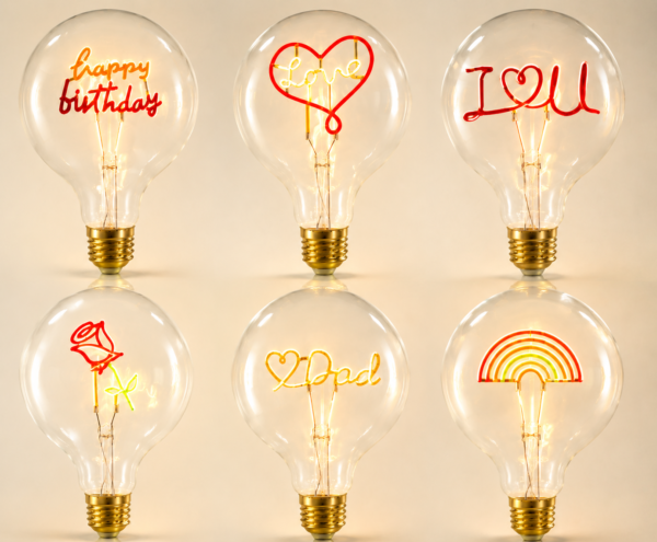 LED Filament Bulb Warm Light Product Display – Decorative Neon Shape Bulbs White Background LED filament bulb warm light product display decorative bulbs heart love rainbow neon shape white background