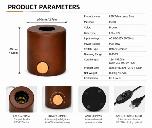 LED Table Lamp Base Product Specification Rotary Dimmer Switch LED table lamp base product specification rotary dimming switch details