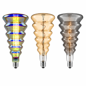 Spiral LED Filament Bulb Amber Smoke Grey and Clear Glass Display Spiral LED filament bulb in amber, smoke grey and clear glass finishes for decorative lighting and OEM wholesale supply
