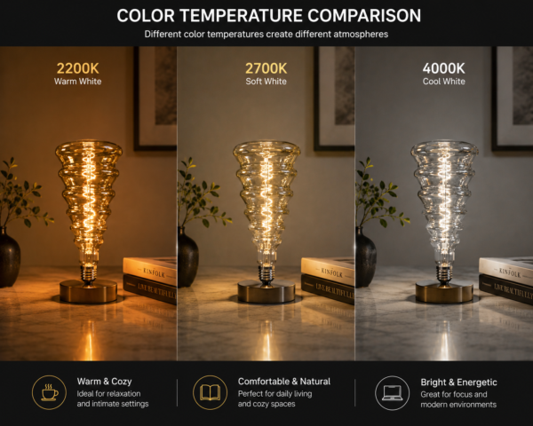 Spiral LED filament bulb color temperature comparison chart showing 2200K, 2700K and 6500K lighting effects