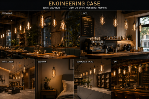 Spiral LED filament bulb engineering project showcase for hotels, restaurants, cafés and commercial decorative lighting applications