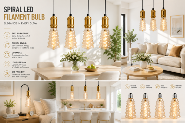 Spiral LED filament bulbs displayed in luxury interior settings for decorative lighting in hotels, restaurants and modern homes
