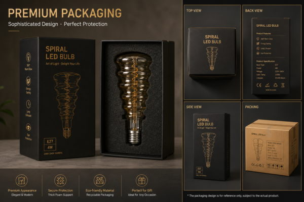 Spiral LED filament bulb premium packaging display with retail box, OEM branding and export carton for wholesale lighting