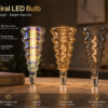Spiral LED filament bulb technical specification sheet featuring rainbow, amber and smoke grey decorative glass bulbs