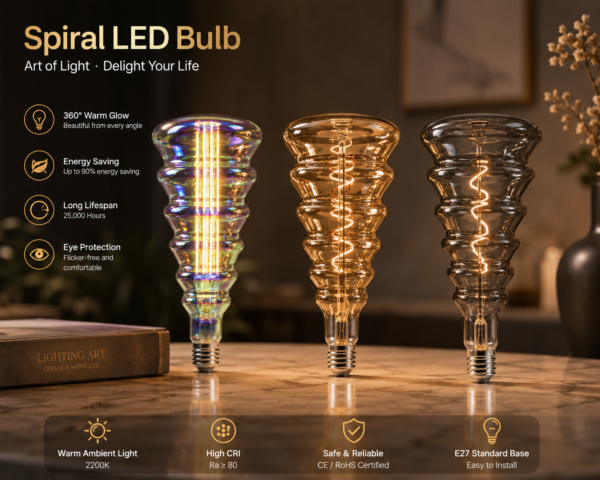 Spiral LED filament bulb technical specification sheet featuring rainbow, amber and smoke grey decorative glass bulbs