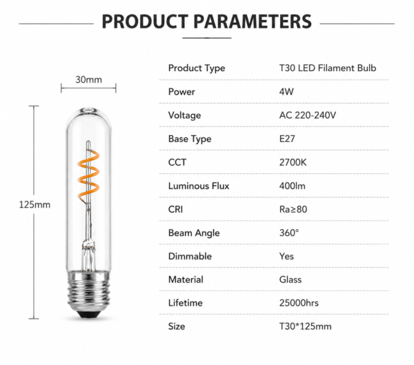 T30 LED filament bulb E27 2700K specification sheet technical data 2W 4W 30x125mm glass tubular decorative lamp parameters