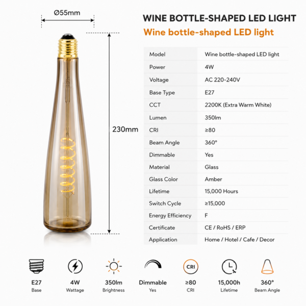 Technical Specifications for Wine Bottle-Shaped LED Filament Bulbs — E27 Decorative Bulbs