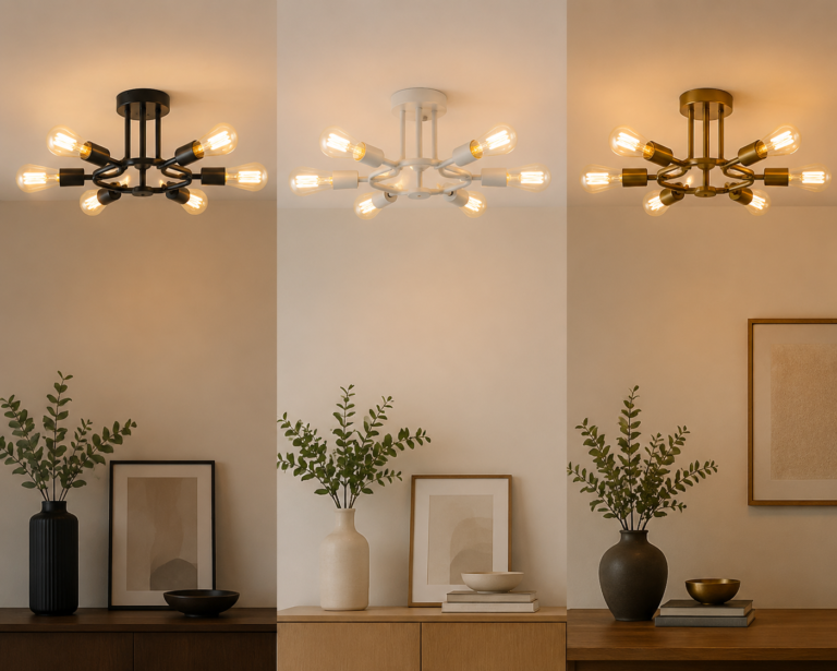 Modern decorative ceiling light with LED filament bulbs in black, white and brass finishes for home and commercial lighting.