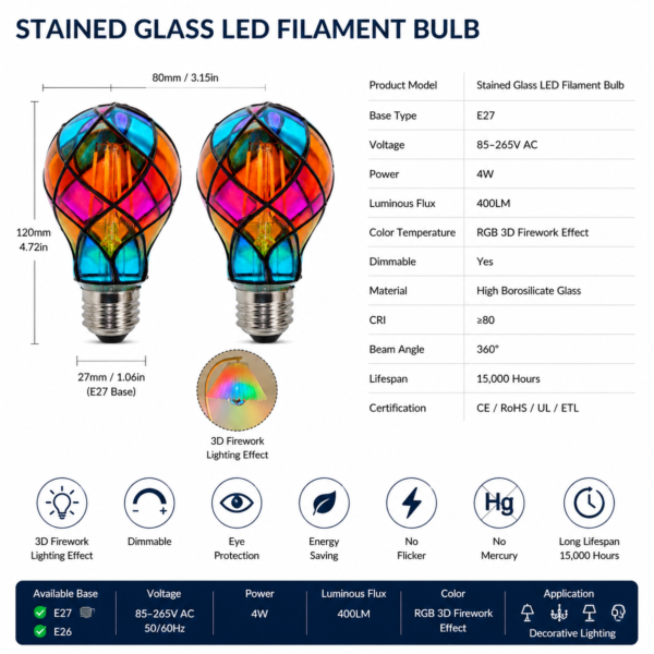 Colorful ST19 LED Filament Bulb Decorative Lighting Display colorful ST19 LED filament bulbs decorative vintage stained glass style lighting display