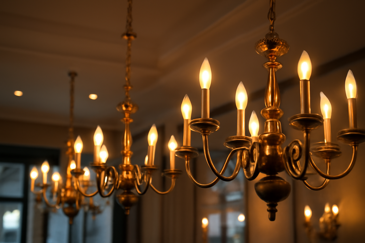 Chandeliers lit with high-performance LED candle bulbs creating warm ambient lighting in a commercial space