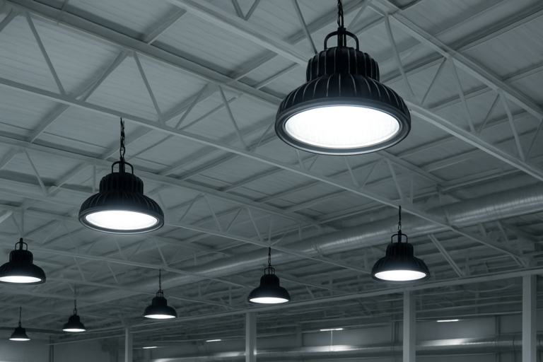 LED bulbs installed in industrial commercial ceiling lighting demonstrating bright uniform illumination