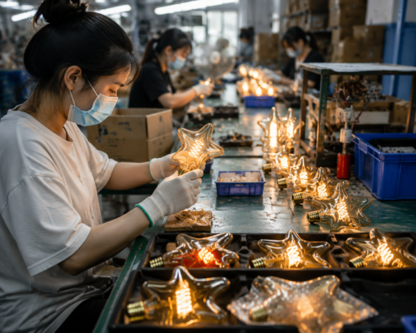 LED Bulb Factory Production Assembly Workshop LED bulb factory production assembly workshop workers manufacturing filament bulbs quality inspection line OEM factory