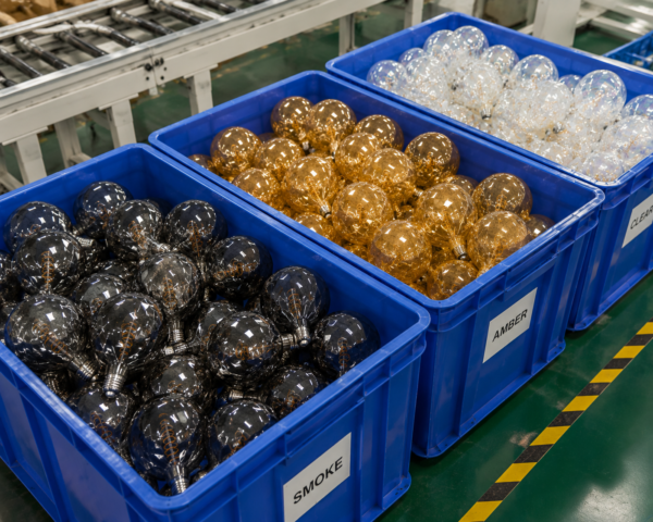 LED filament bulbs factory production line assembly workshop bulk crate packaging production quality inspection manufacturing process LED Bulb Factory Production Line Assembly Workshop Crate Bulk Packaging