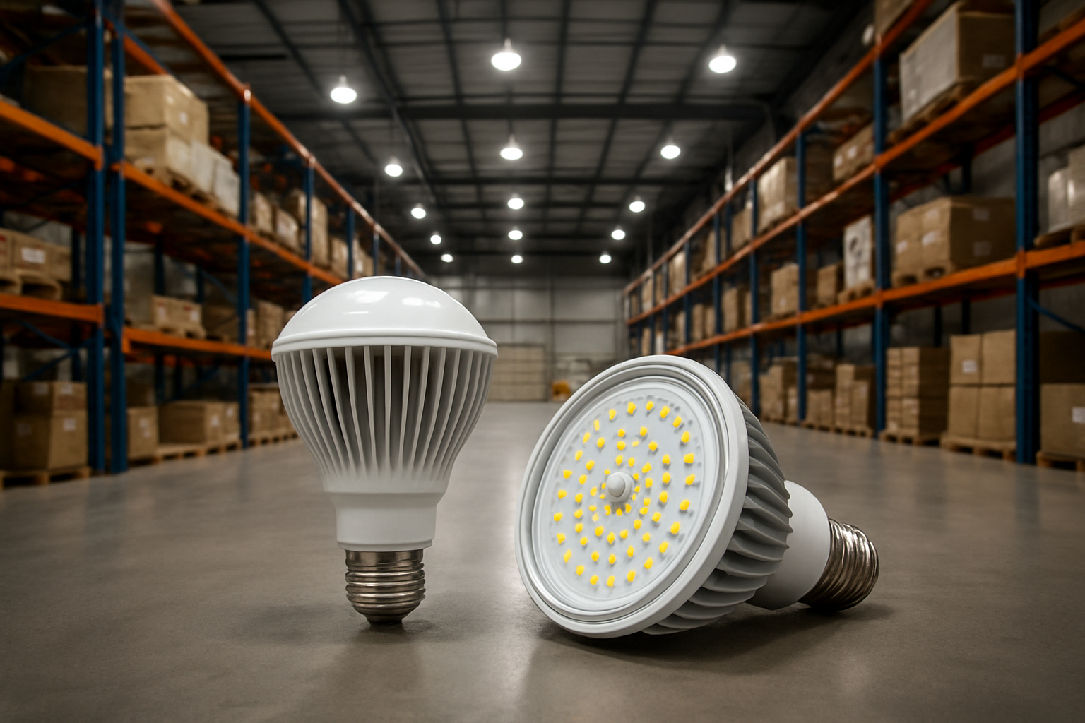 High-performance LED bulbs displayed in a commercial warehouse lighting setup