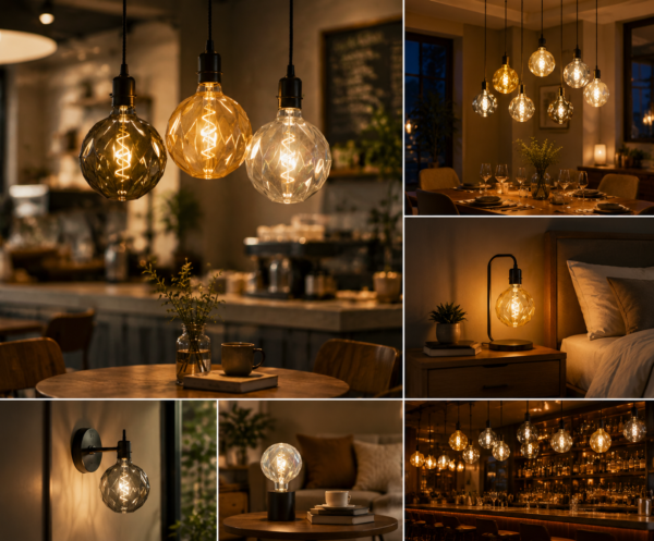LED Filament Bulb Commercial Lighting Hotel Cafe Restaurant Collage Display LED filament bulb commercial lighting applications hotel cafe restaurant bar warm ambient lighting decorative vintage Edison bulb collage