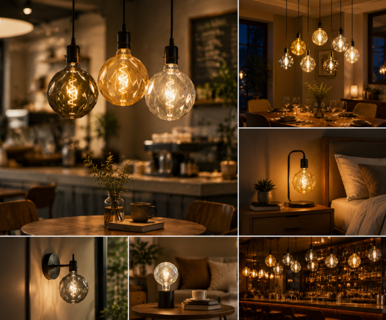 LED filament bulb commercial lighting applications hotel cafe restaurant bar warm ambient lighting decorative vintage Edison bulb collage