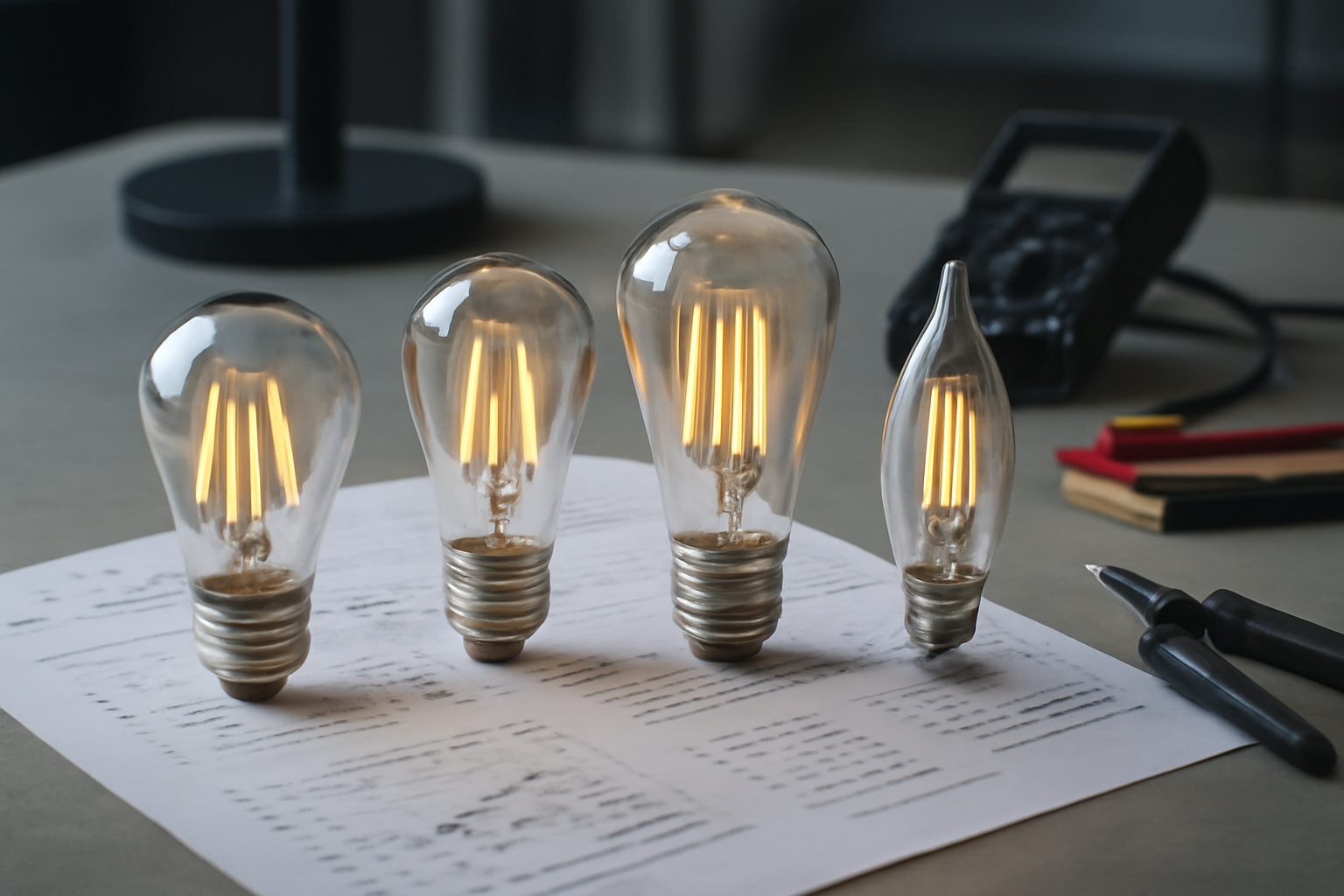 Various LED filament bulbs from different manufacturers displayed on a workspace for comparison