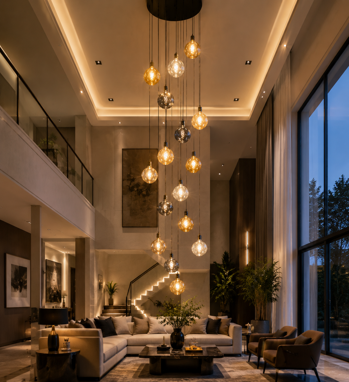Luxury hotel lobby chandelier high ceiling lighting LED filament bulbs warm ambient decorative lighting for hospitality interior design project